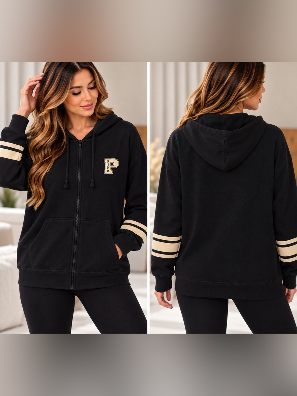 PINK Victoria's Secret Black Zip-Up Hoodie Cream Stripe Accents Sz Large NWT
